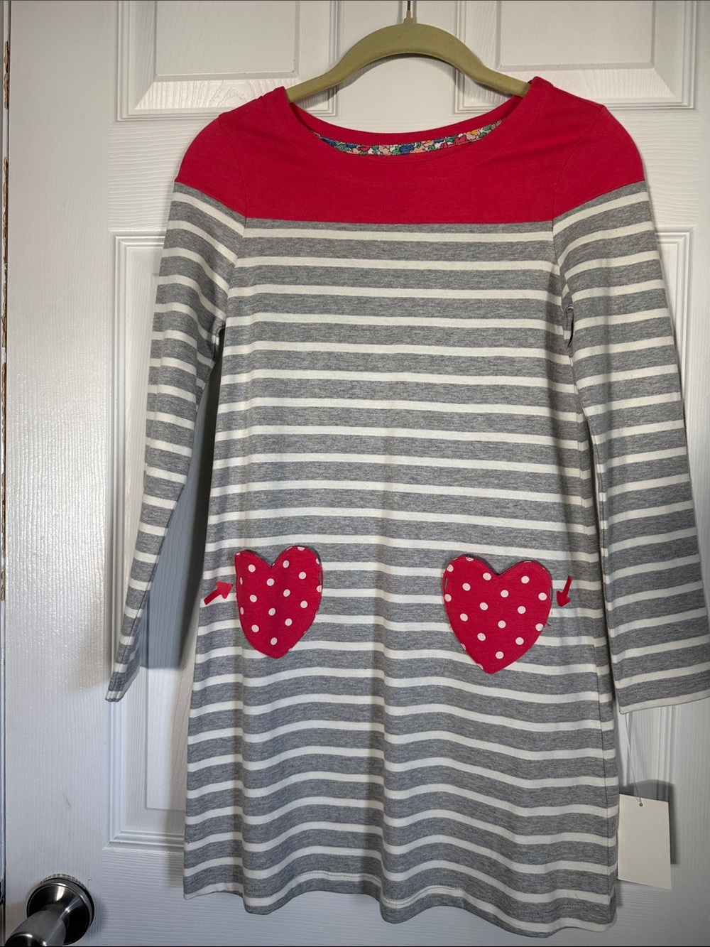 Mini Boden Gray & Pink Striped Dress with Polka Dot Heart Pockets